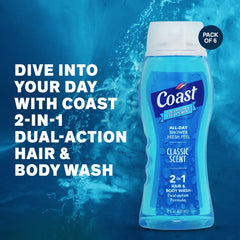Coast 2 en 1, espuma cremosa al aplicar, sensación suave tras la ducha.