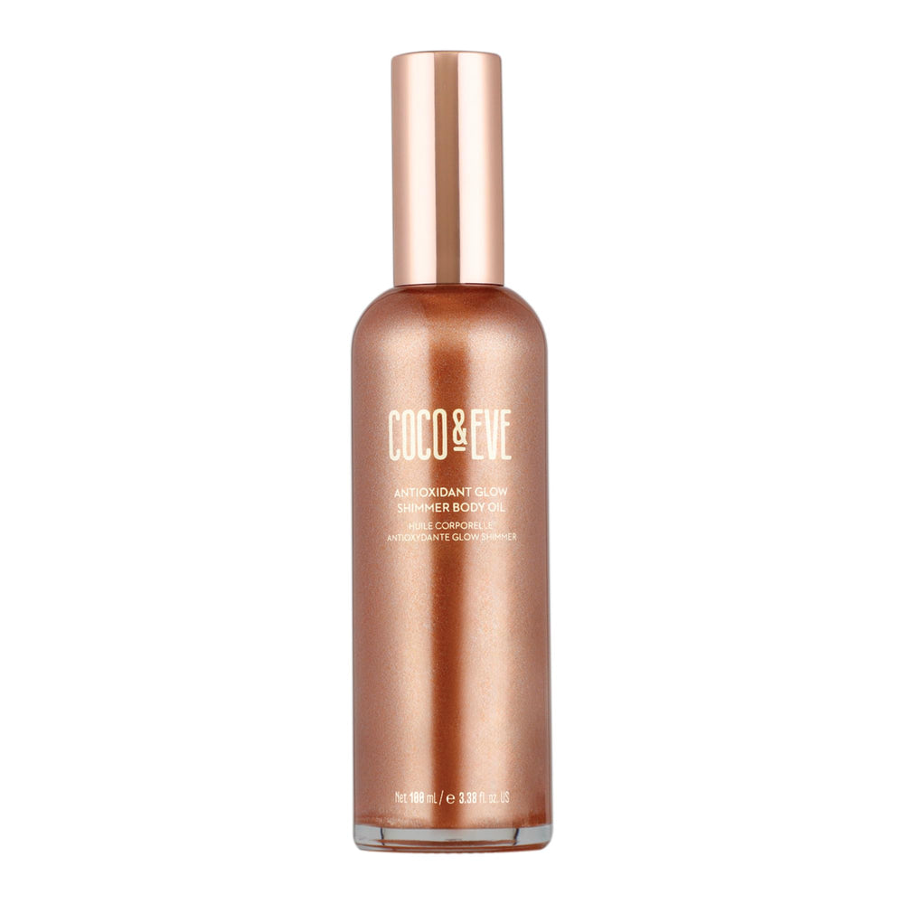 Coco & Eve Antioxidant Glow en botella aporta brillo radiante y piel suave.