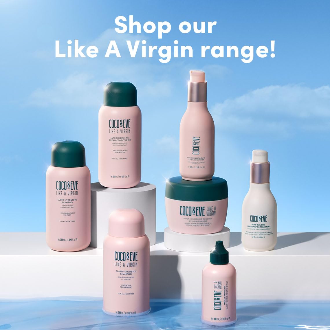 Emballage vert du shampooing Coco & Eve Like A Virgin prêt à l’emploi.