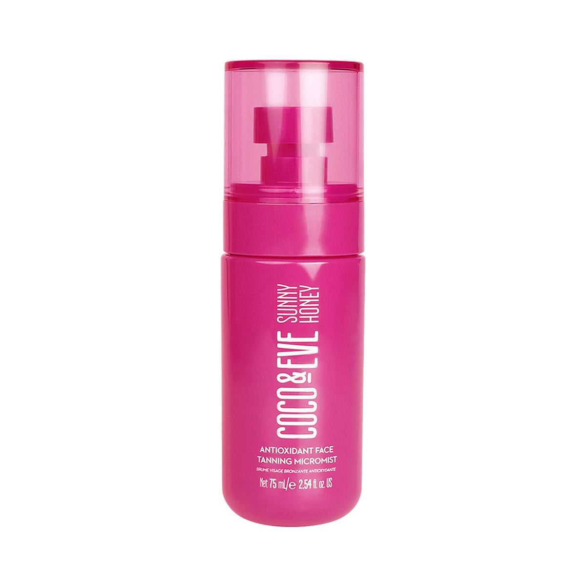 Coco & Eve micromist rostro: botella mostrando bronceado natural y hidratación