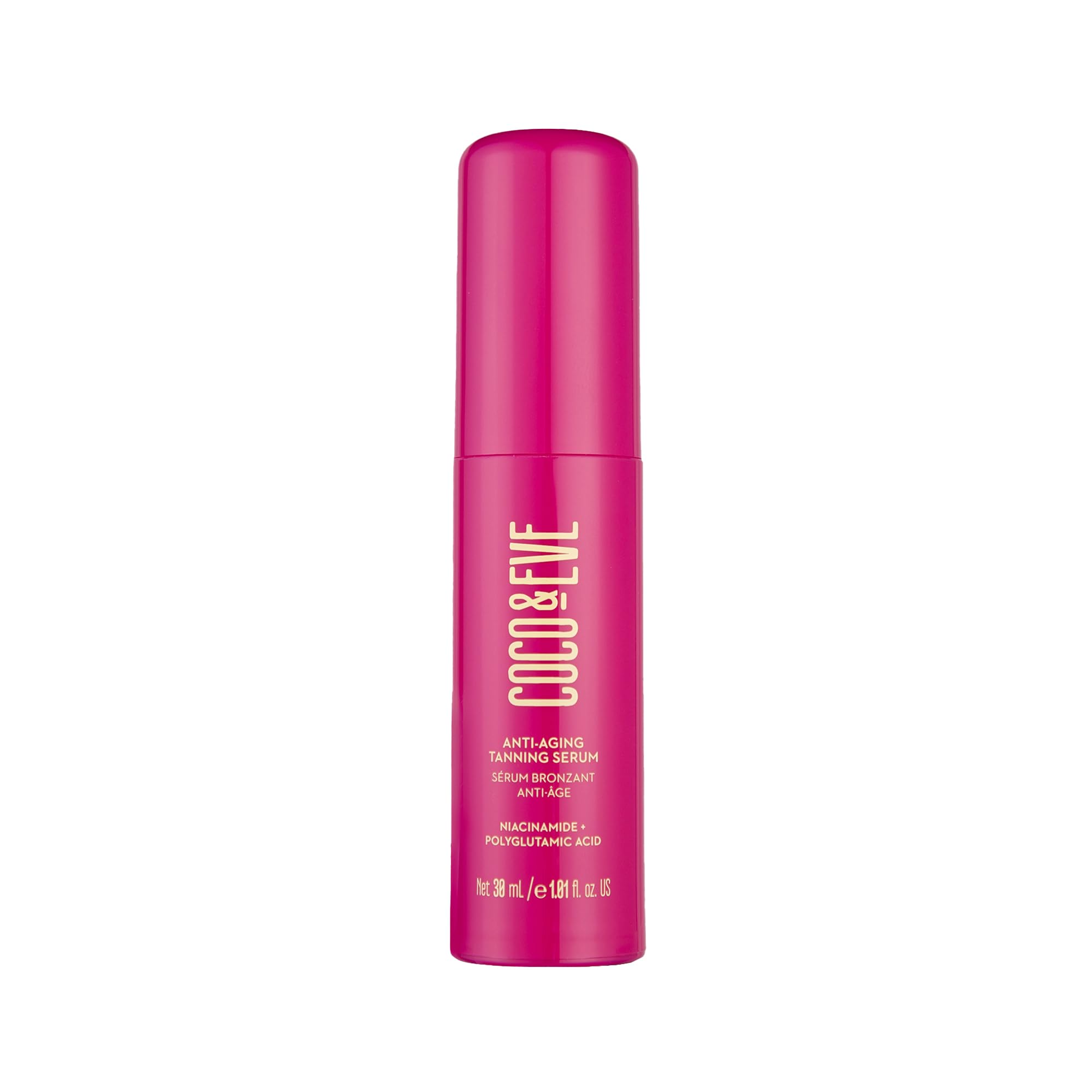 Coco & Eve serum bronceador anti-edad en bote para hidratación suave.
