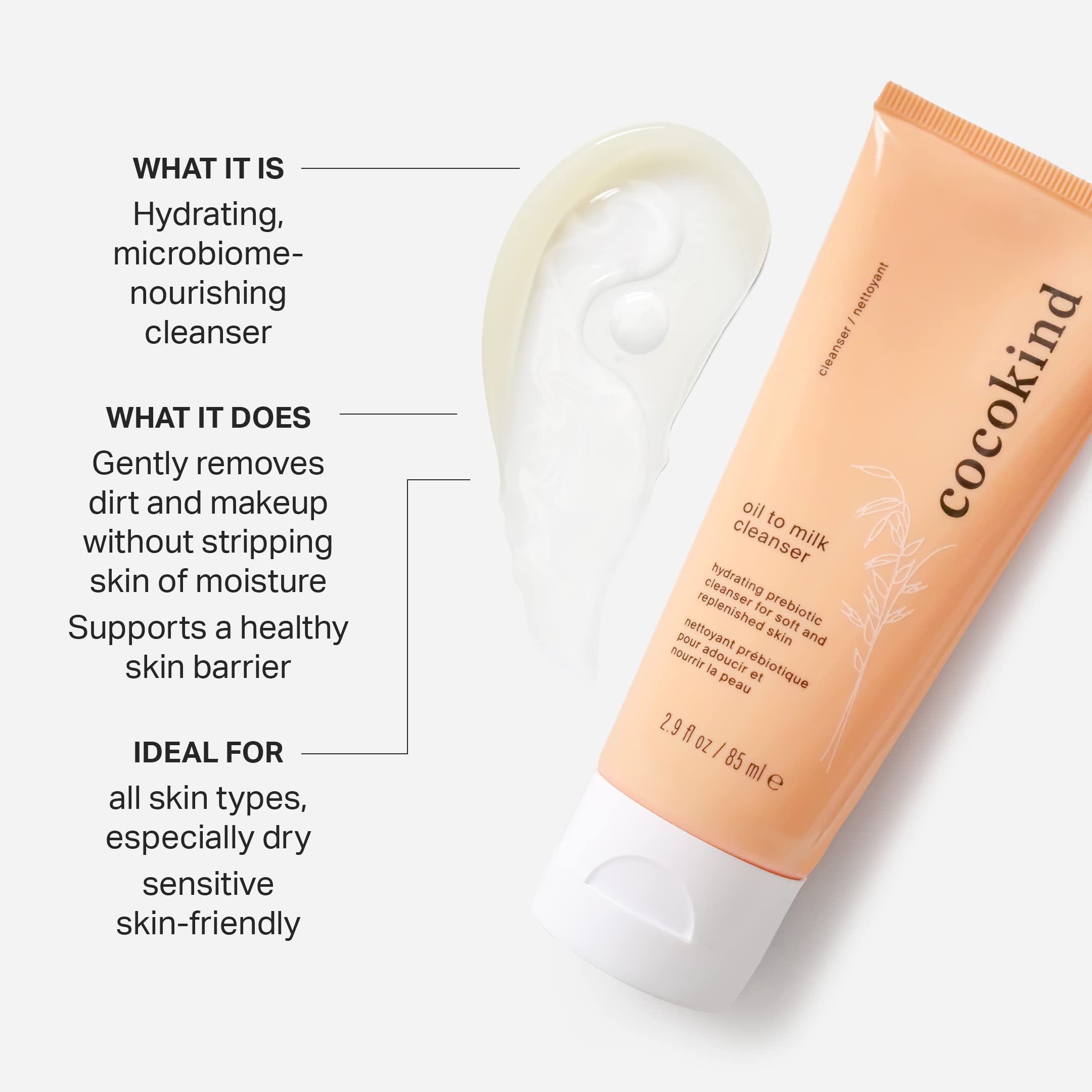 Cocokind limpiador aceite-leche desmaquillante diario para remover maquillaje sin resecar.