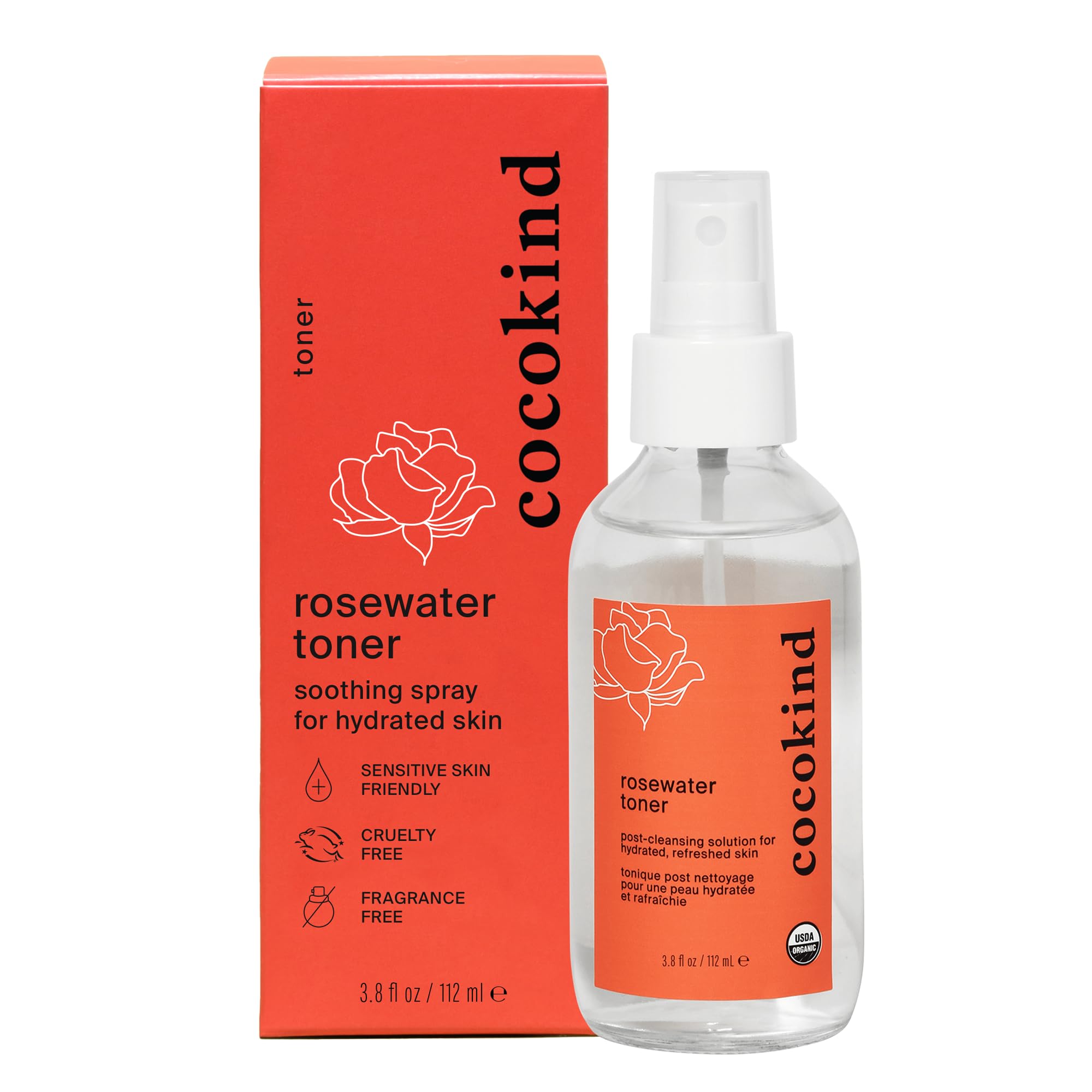 Cocokind Tónico de agua de rosas en botella, hidrata y equilibra el pH.