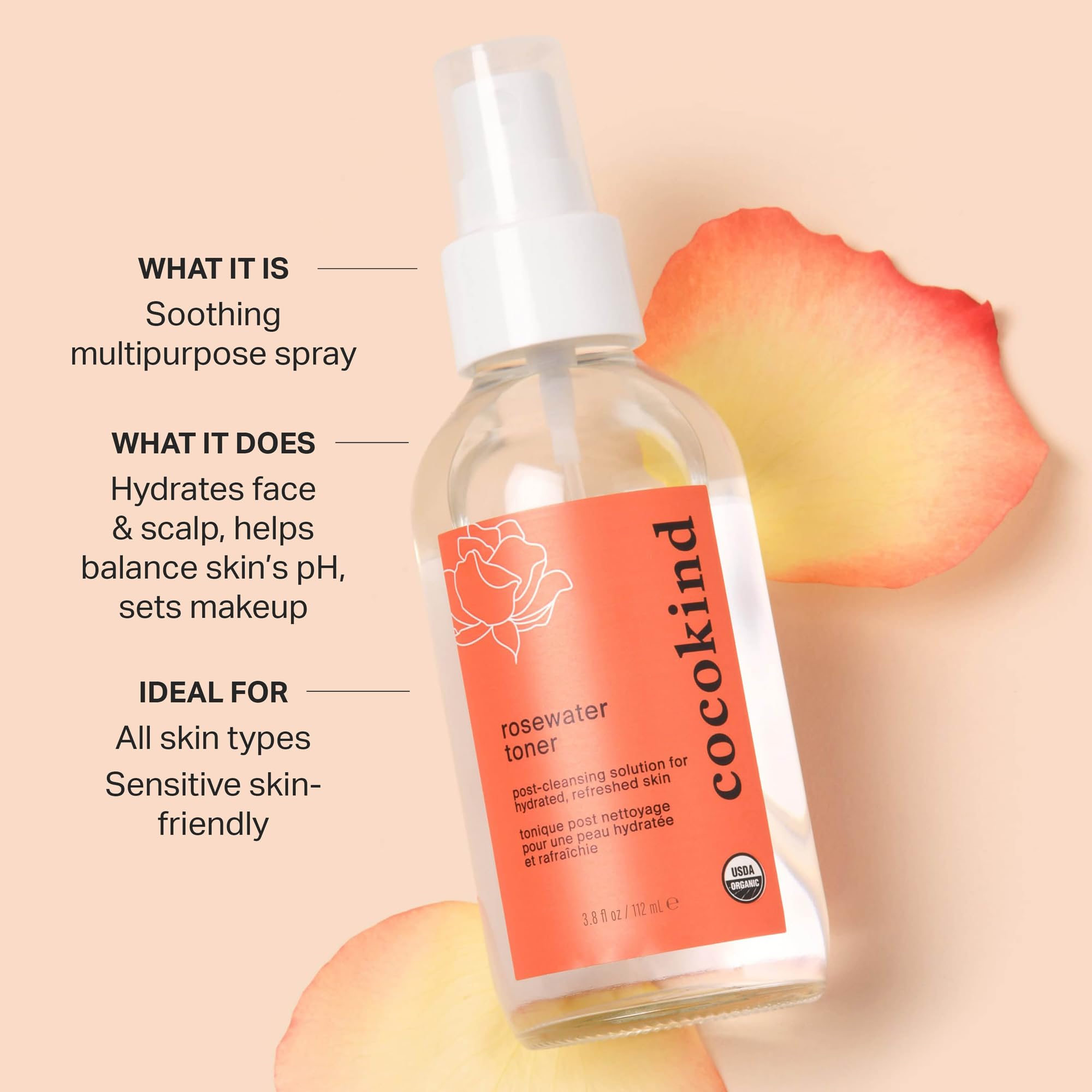 Cocokind Tónico de agua de rosas, rociado suave, brinda frescura al rostro.