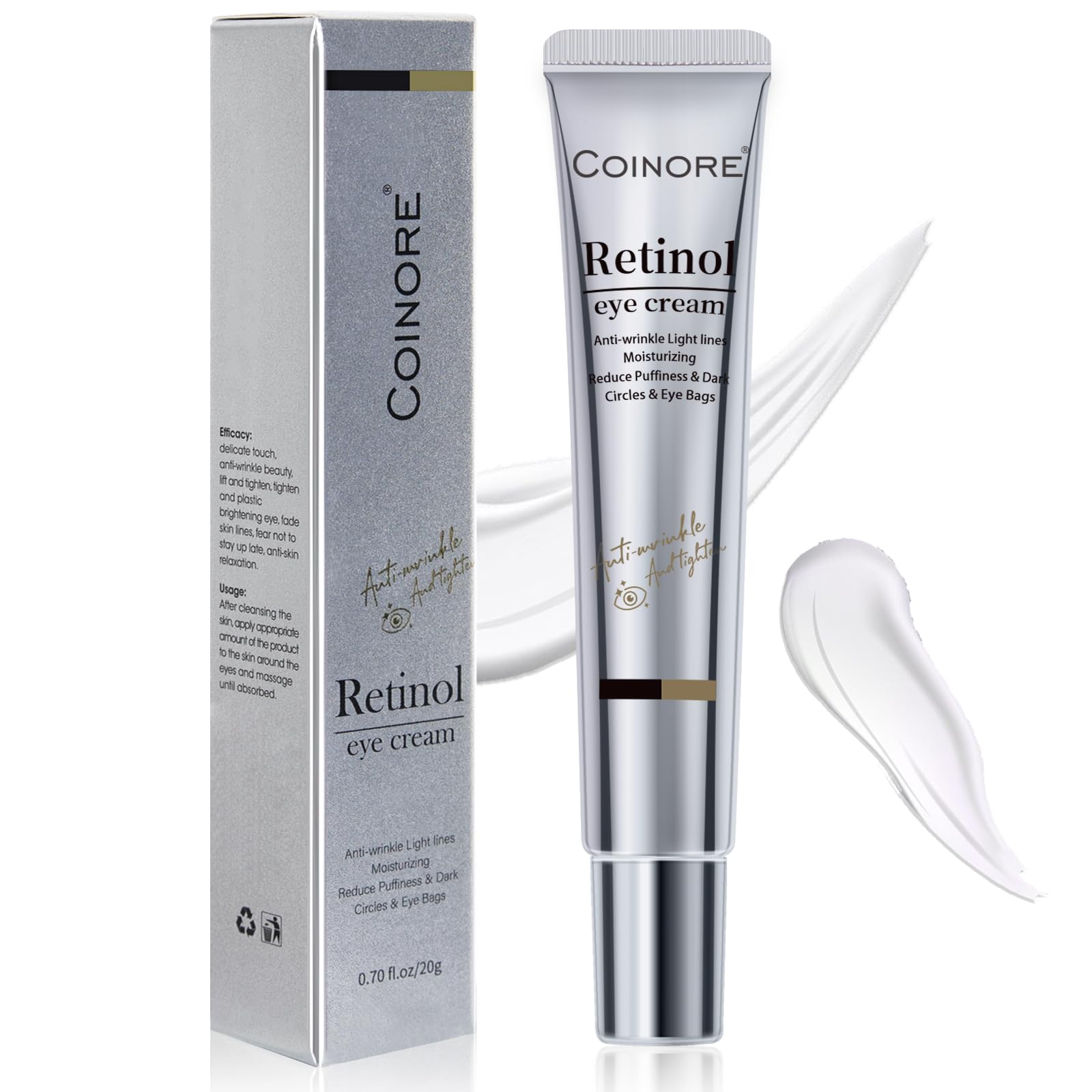 Coinore crema de ojos retinol, aplicación suave para uso diario.