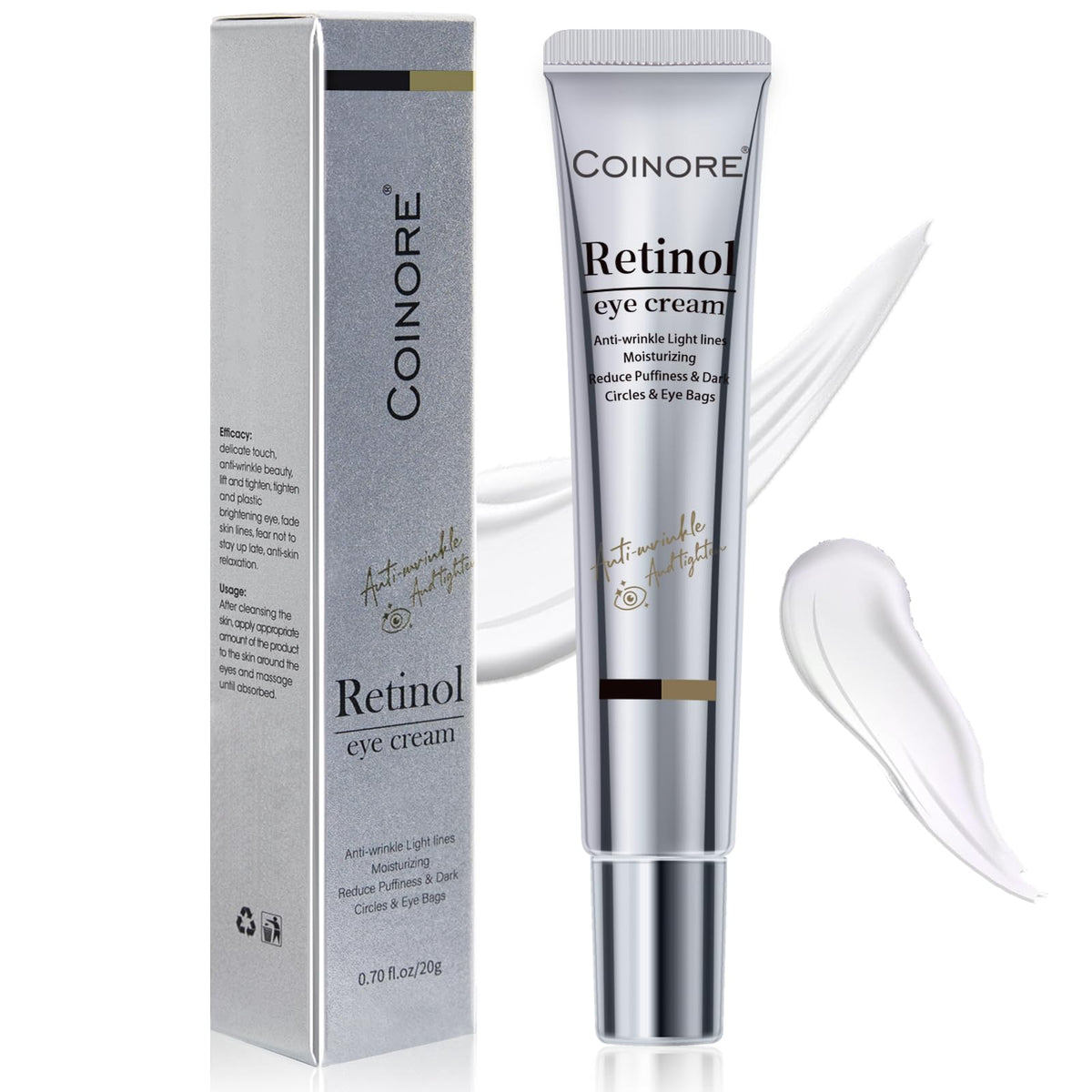 Coinore crema de ojos retinol, aplicación suave para uso diario.
