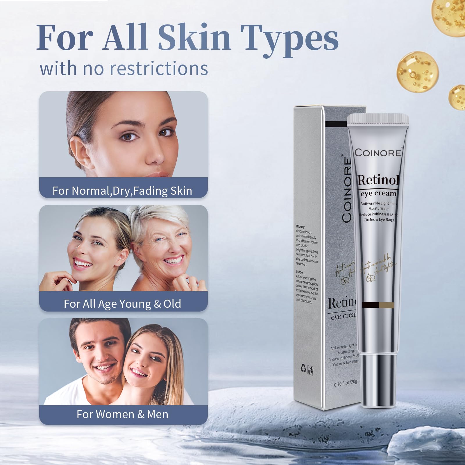 Coinore crema de ojos retinol con extractos vegetales para brillo suave.