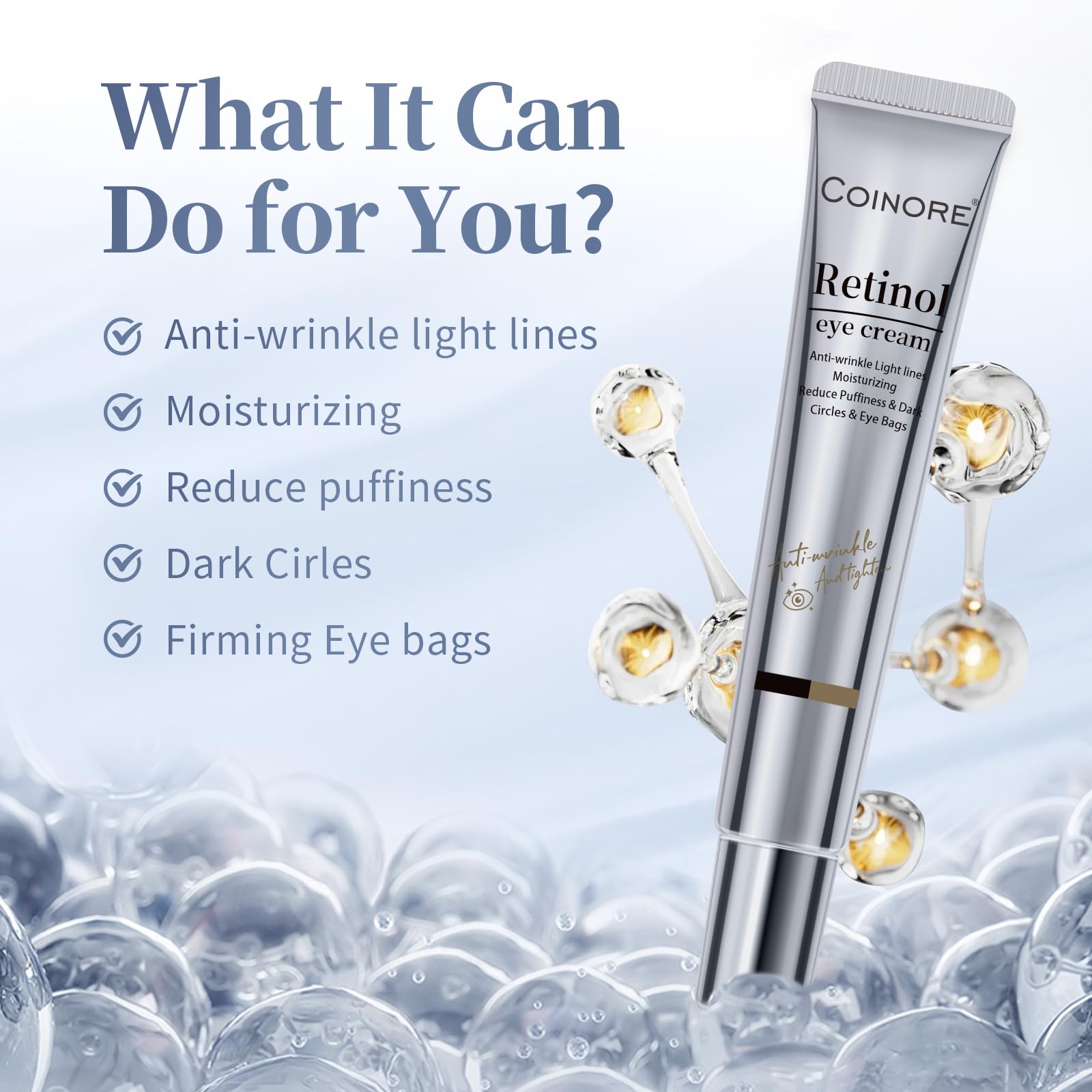 Coinore crema de ojos retinol, textura suave y rápida absorción.