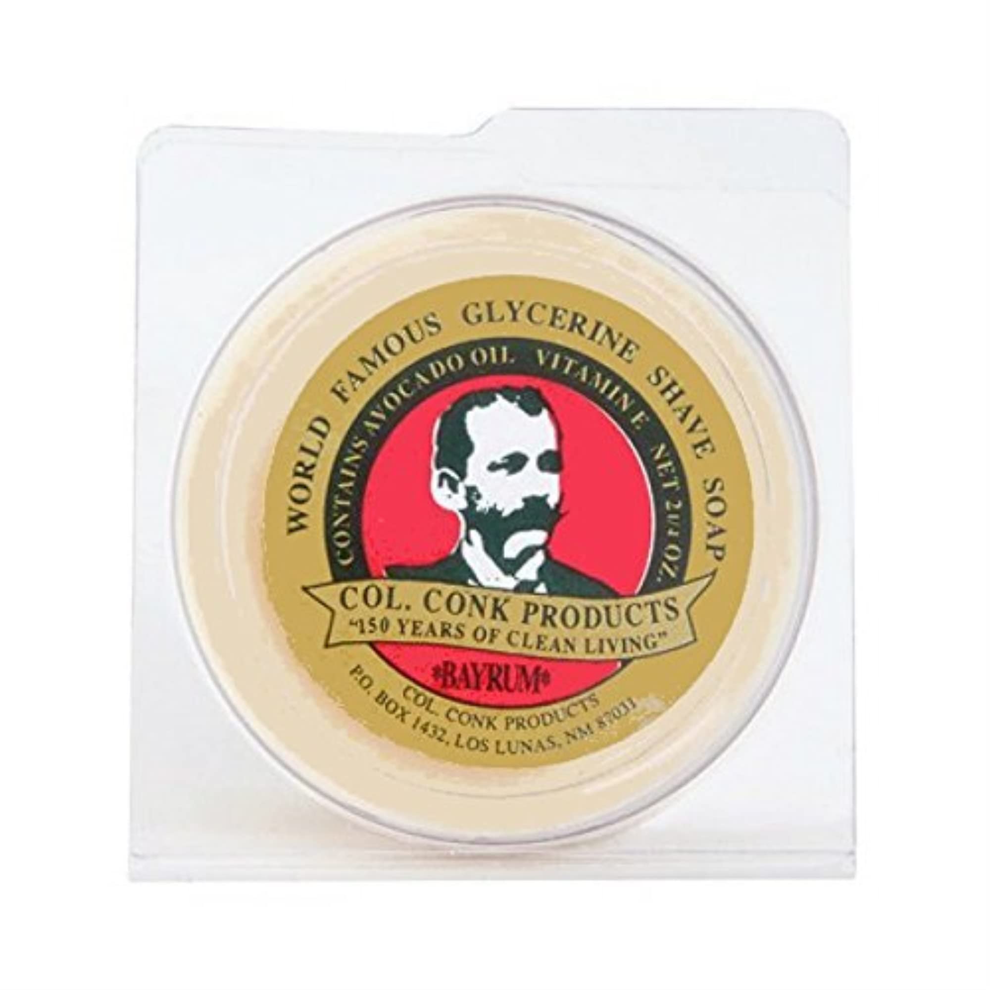 Col. Conk savon de rasage galette 2oz en gros plan, mousse riche et confortable.