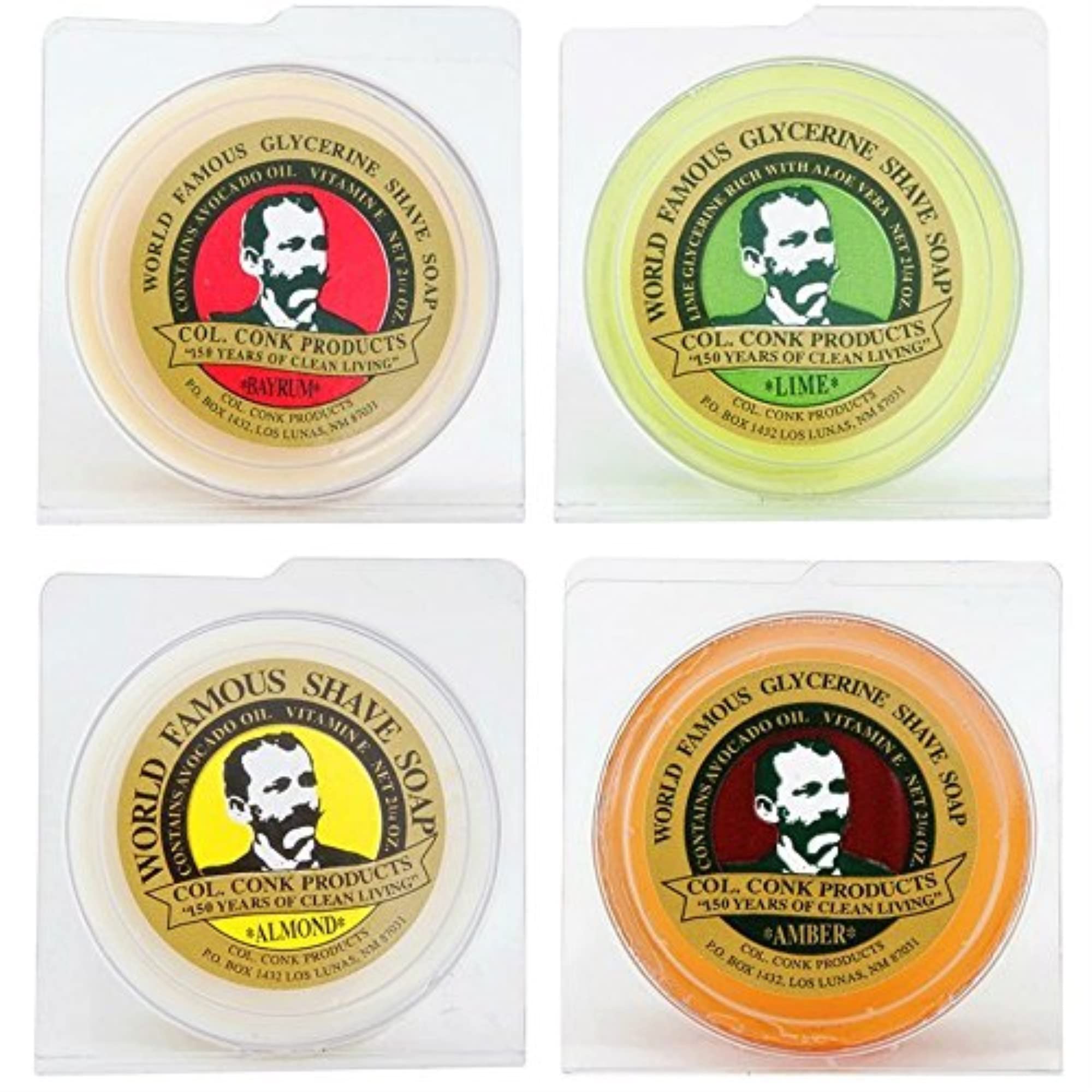 Col. Conk savon de rasage pack varié, quatre galettes de 2 oz, idéal voyage.