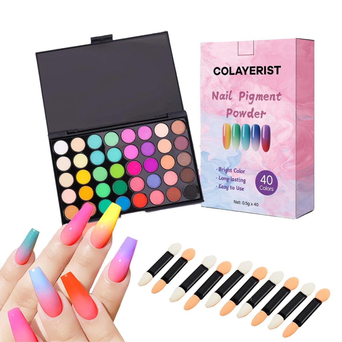 COLAYERIST pigmento para uñas, 40 colores brillantes, ideal para diseños vibrantes.