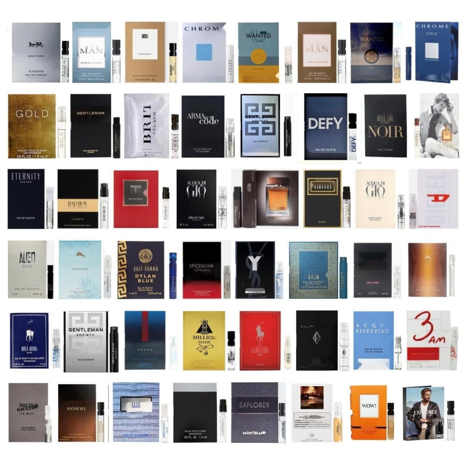 Cologne 11 designer samples for men: compact vials for testing scents on the go.