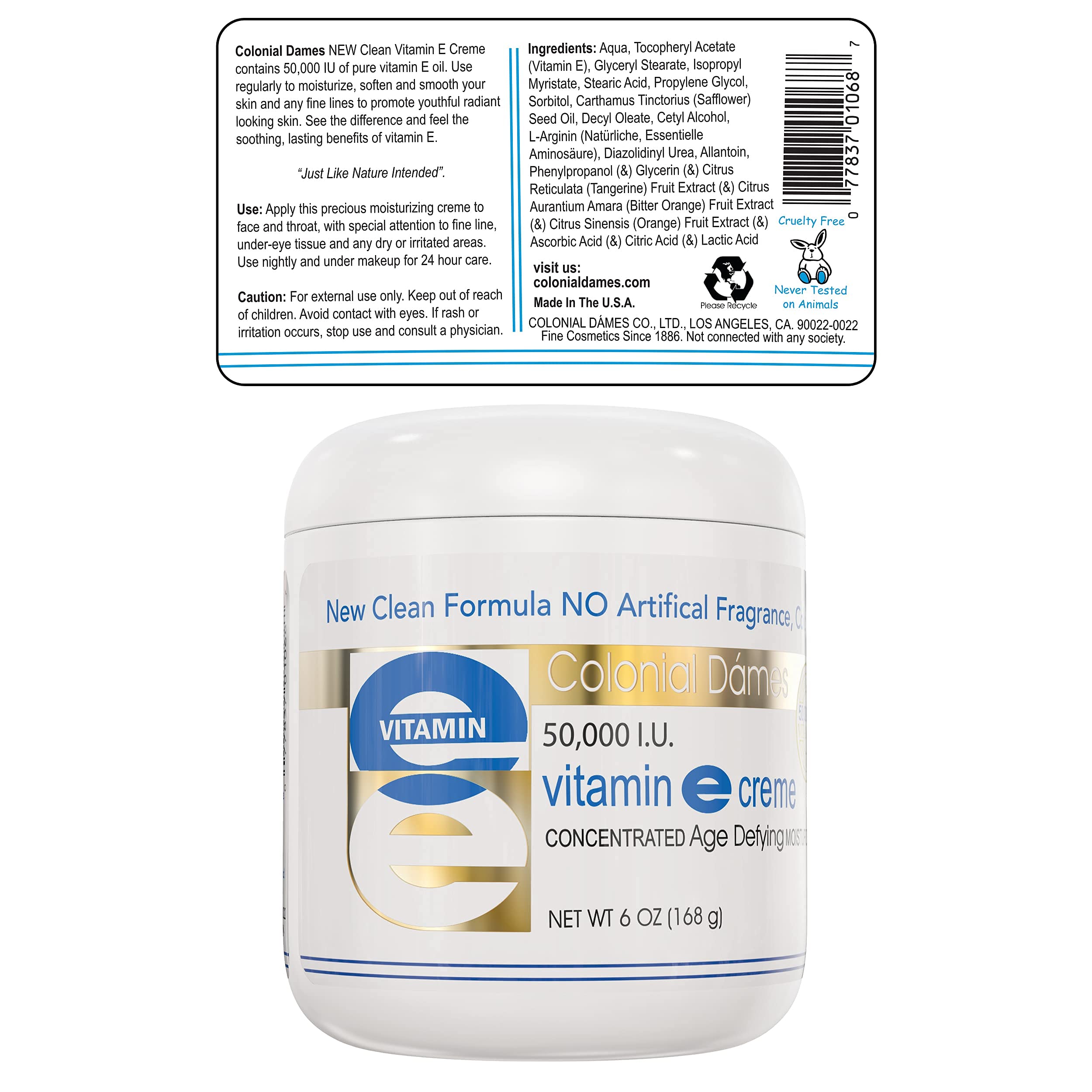 Empaque eco de Colonial Dames crema vitamina E para cuidado consciente.