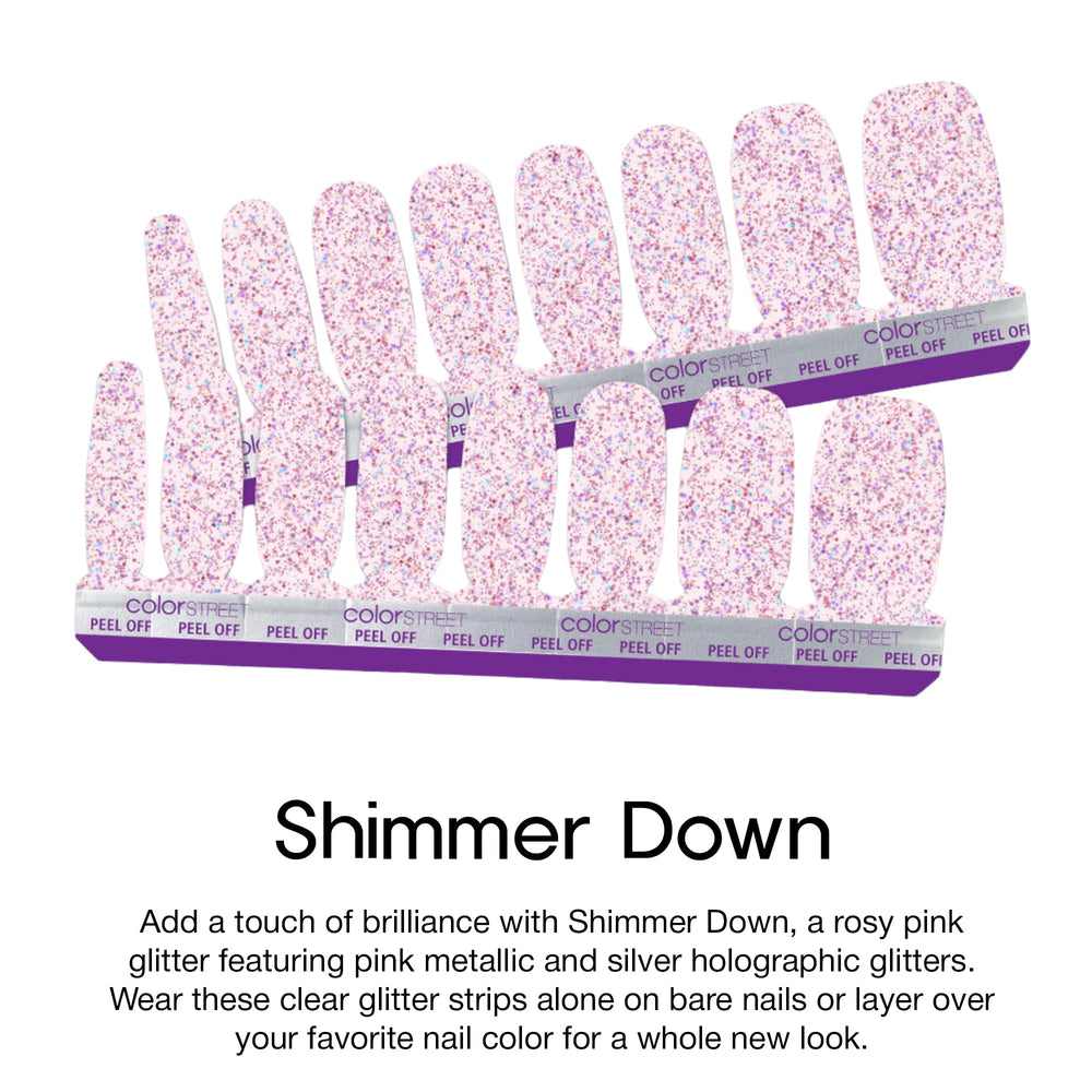 Color Street Shimmer Down: primer plano de purpurina rosada para realzar el brillo.