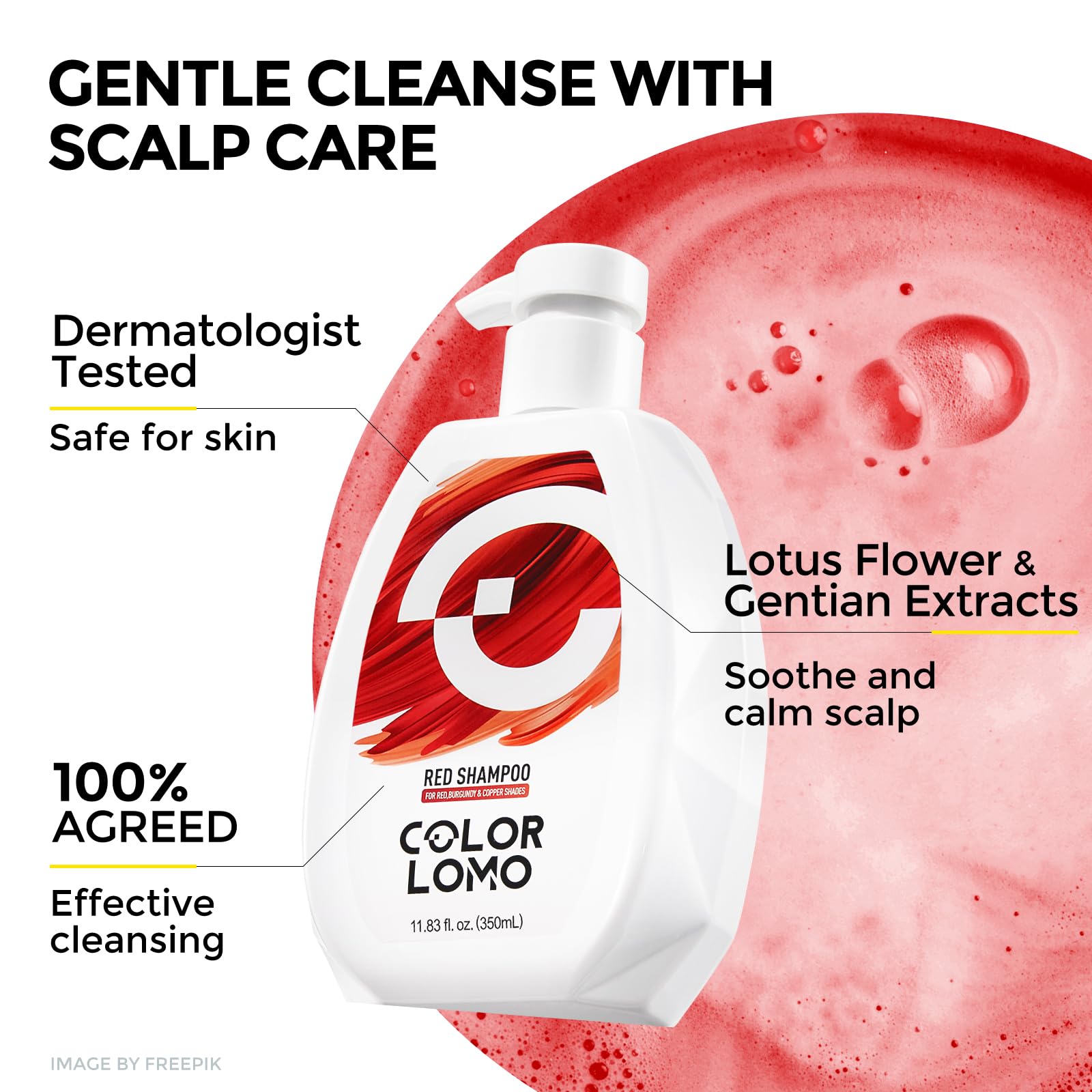 COLORLOMO Ultra Color Safe Shampoo red swatch demonstrates compatibility with red tones.