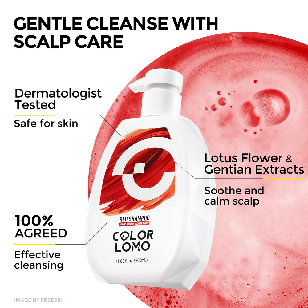 COLORLOMO Ultra Color Safe Shampoo red swatch demonstrates compatibility with red tones.