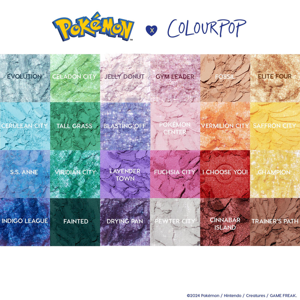 Palette ColourPop x Pokémon Pallet Town: textures veloutées pour un maquillage précis.