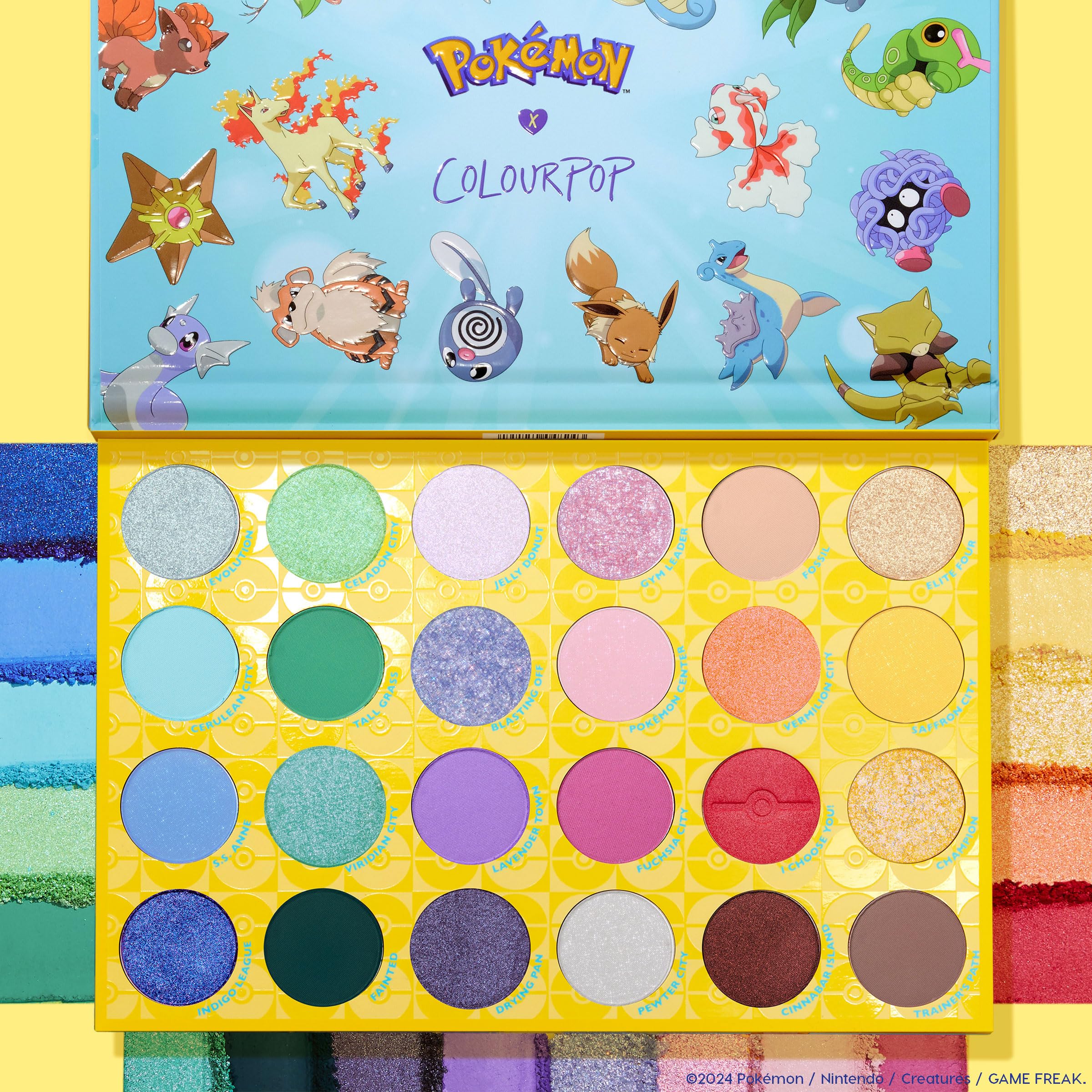 Palette ColourPop x Pokémon Pallet Town: fini métallique pour des reflets vibrants.