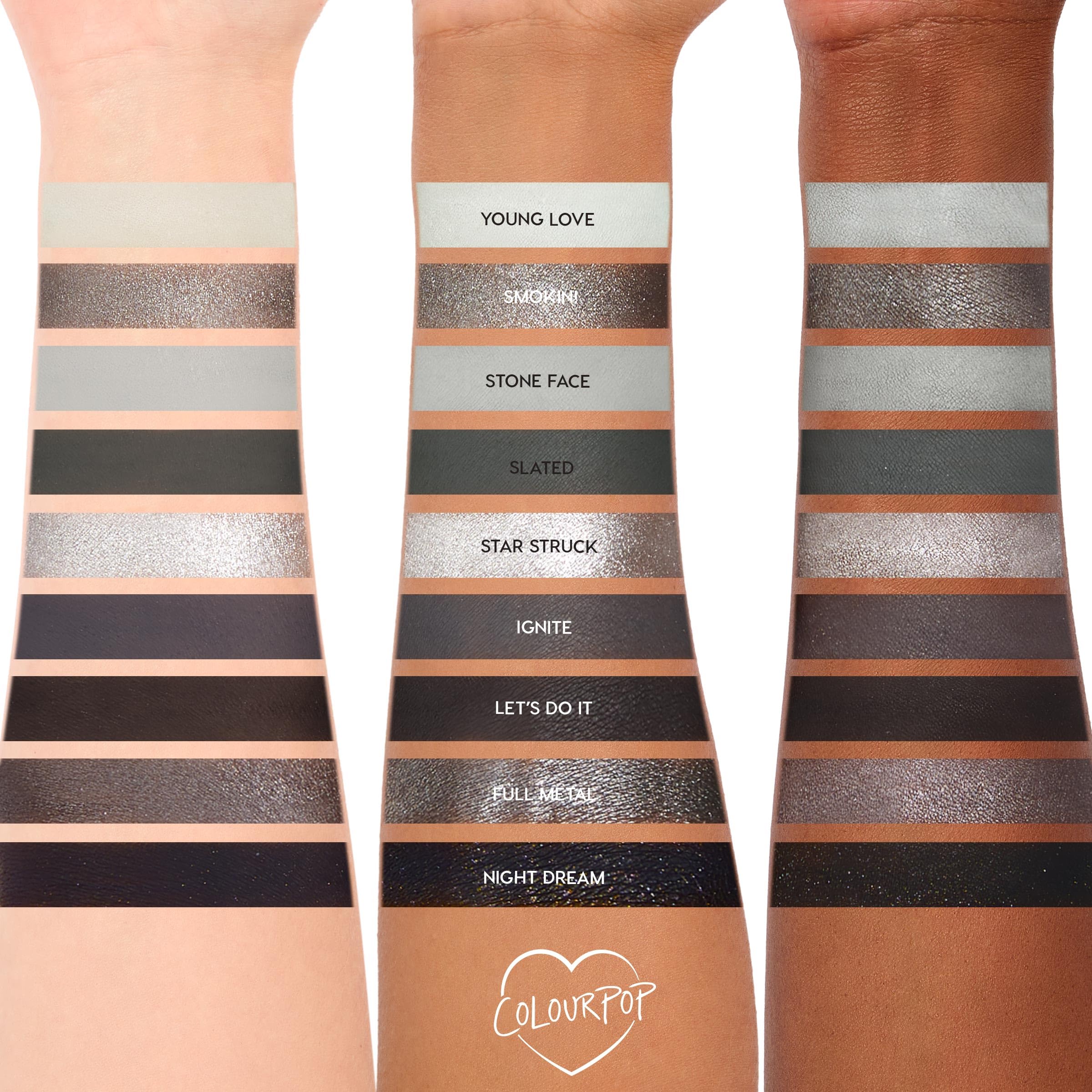 ColourPop Blowin' Smoke, sombras grises metalizadas con brillo sutil.