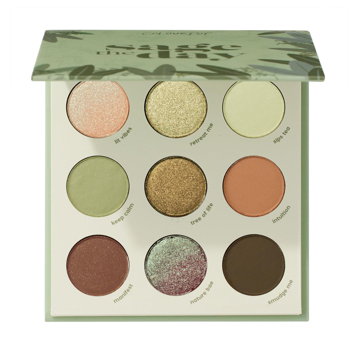 ColourPop Sage the Day: frente de la paleta con tonos salvia y oliva para look suave