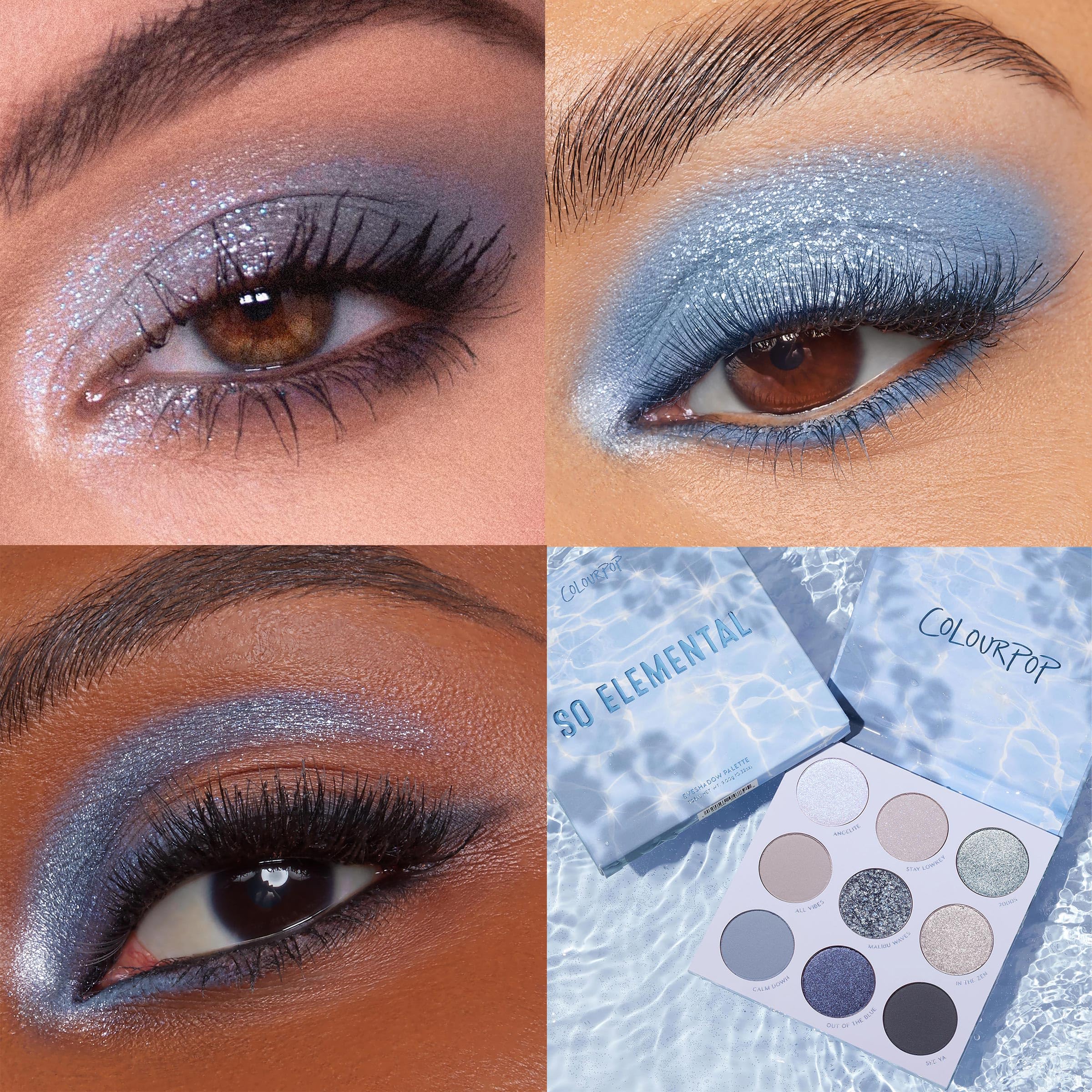 ColourPop So Elemental acabado mate azul para transiciones limpias y difuminado suave.
