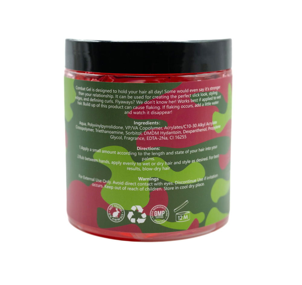 Combat Gel extreme hold laid-edges finish for men, women, and children.