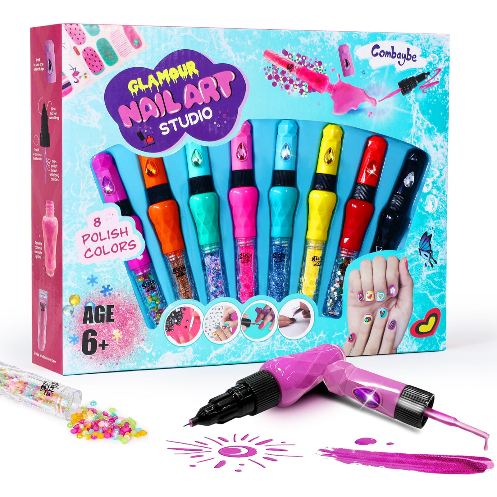 Conjunto delineadores de uñas Combaybe, 8 colores, para crear diseños divertidos y seguros.