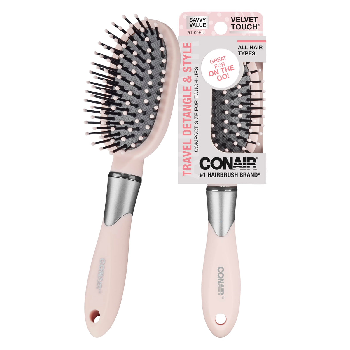 Conair Velvet Touch cepillo desenredante compacto para viaje, desenreda sin tirar el cabello.