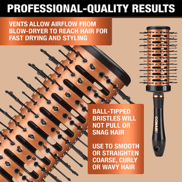 Conair cepillo redondo cobre ventilado distribuye aceites naturales para cabello suave.