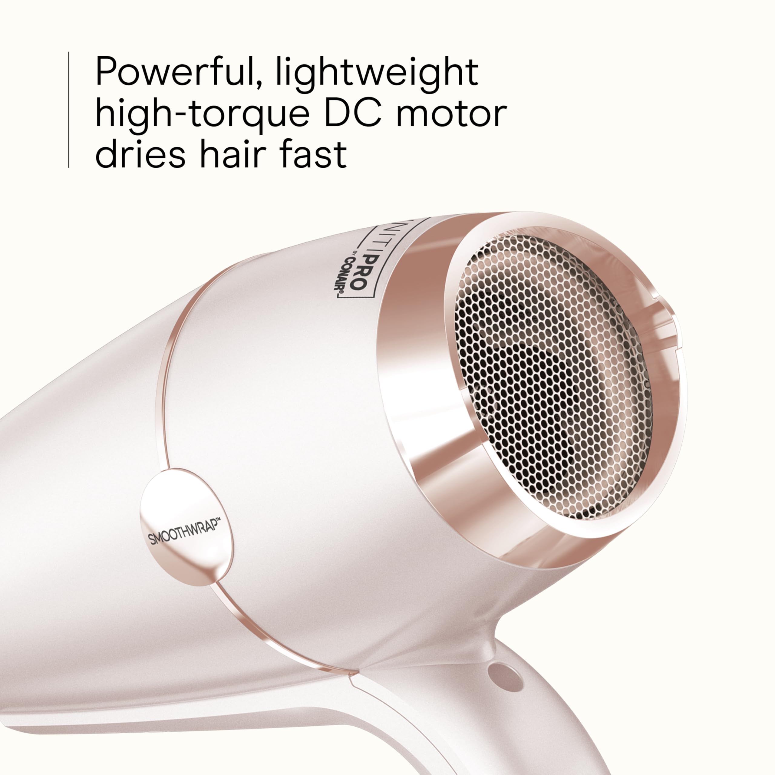 Conair Infiniti Pro SmoothWrap controles de calor y velocidad para peinados.