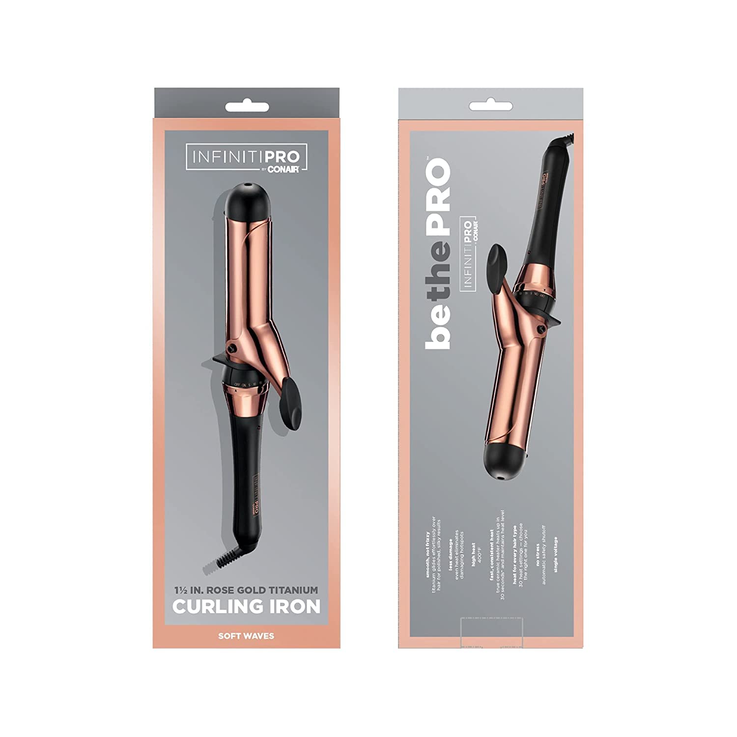 Rizador Conair Infinitipro Rose Gold Titanium con apagado automático y punta fría para seguridad.