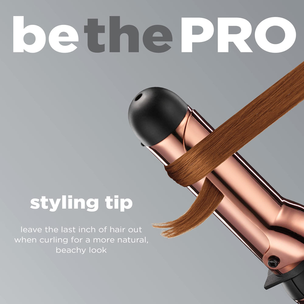Rizador Conair Infinitipro Rose Gold Titanium mostrando ajustes de calor para diferentes cabellos.