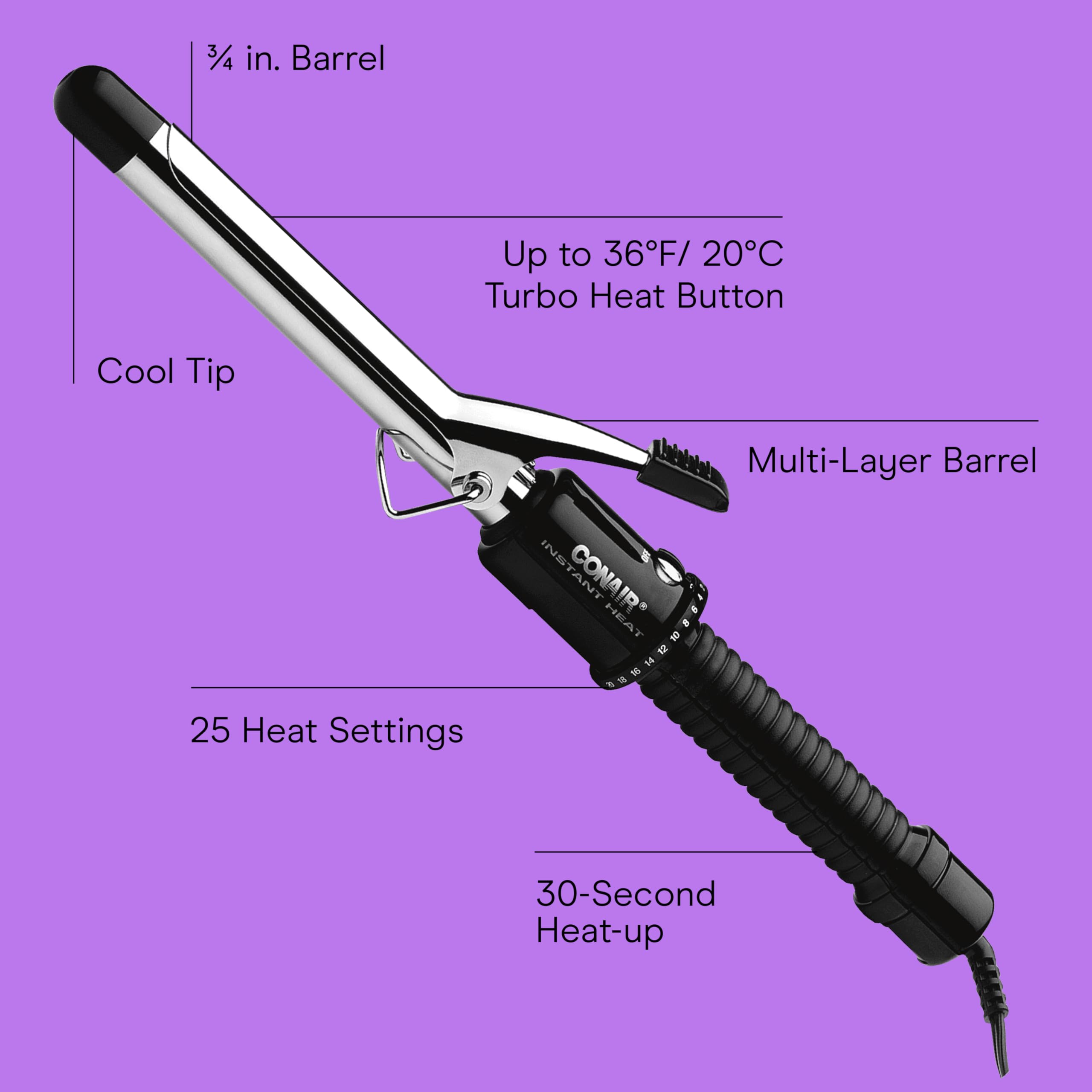 Conair Instant Heat barril ceramico distribuye calor de forma uniforme.