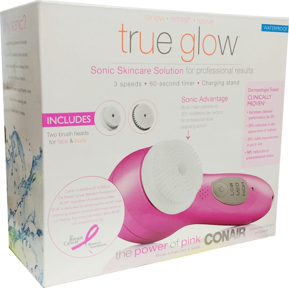Conair True Glow cepillos faciales con dos cabezales para cuidado diario.