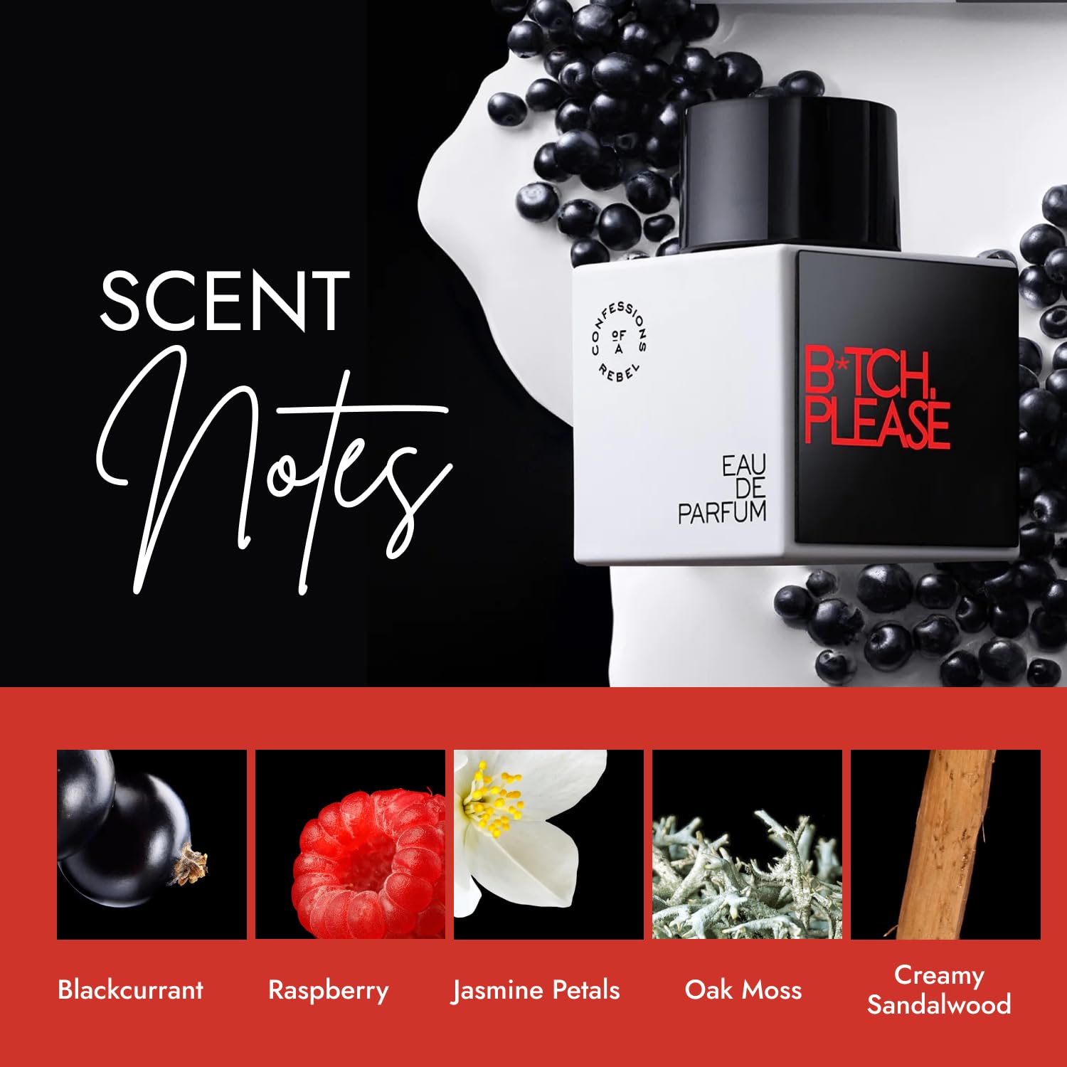 Notas de jazmín en Confessions of a Rebel B*tch Please EDP, aroma floral distintivo.