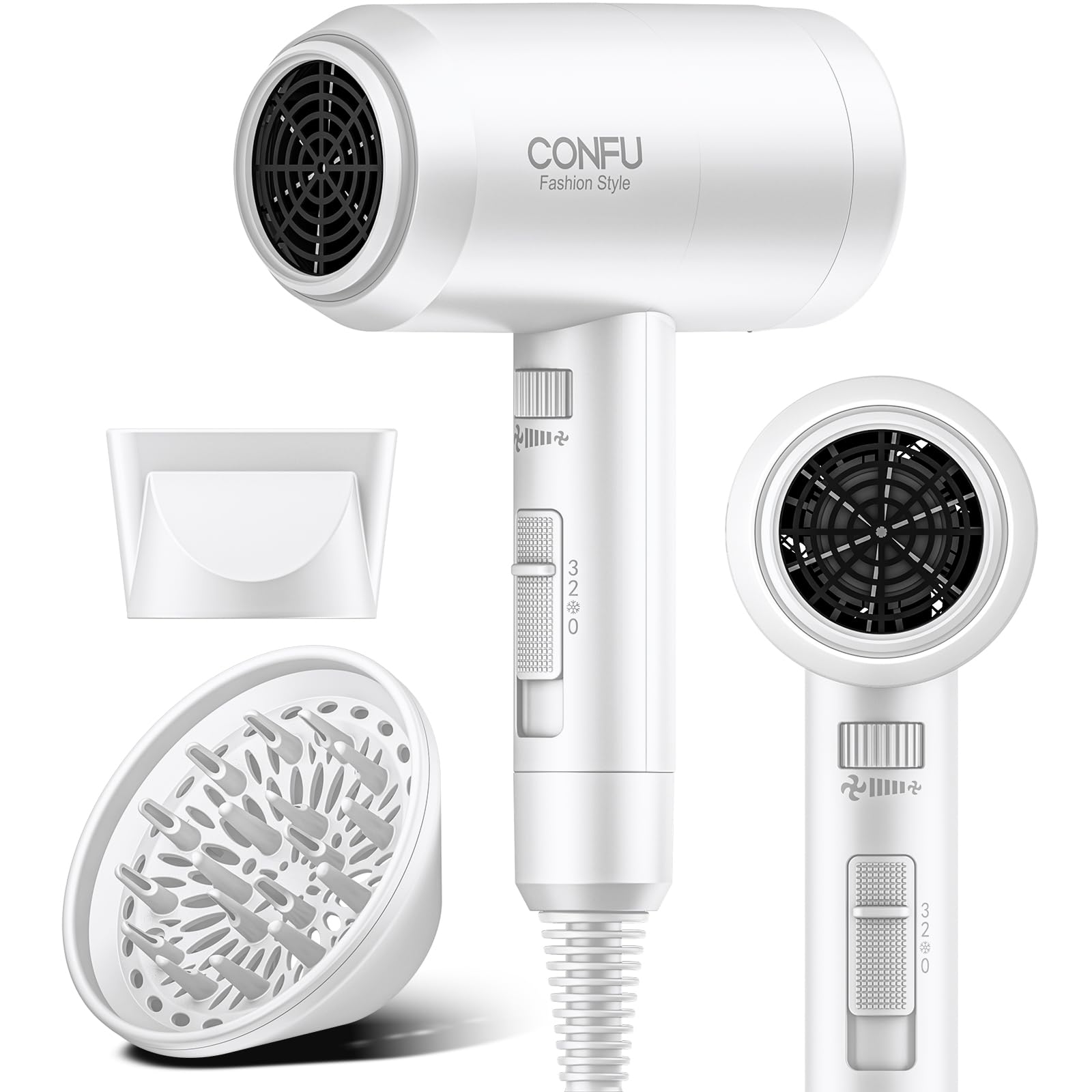 Secador CONFU con difusor, vista frontal, realza rizos con control suave