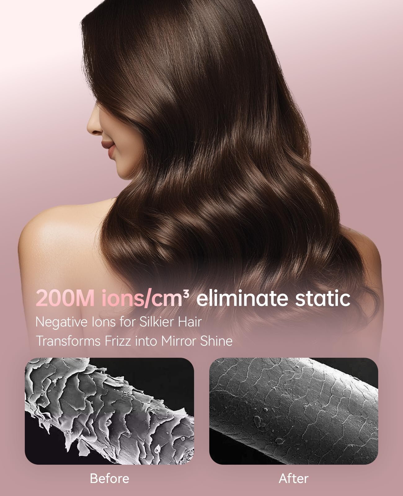 Tecnología de iones negativos de CONFU para cabello suave y brillante.