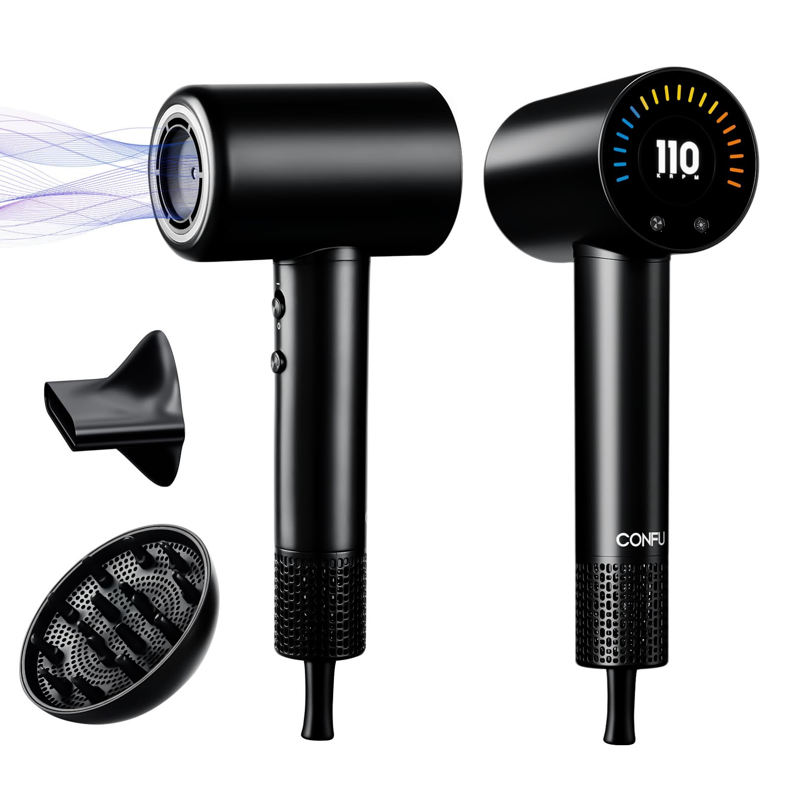 CONFU secador de pelo con difusor magnético para un peinado suave y sin frizz.