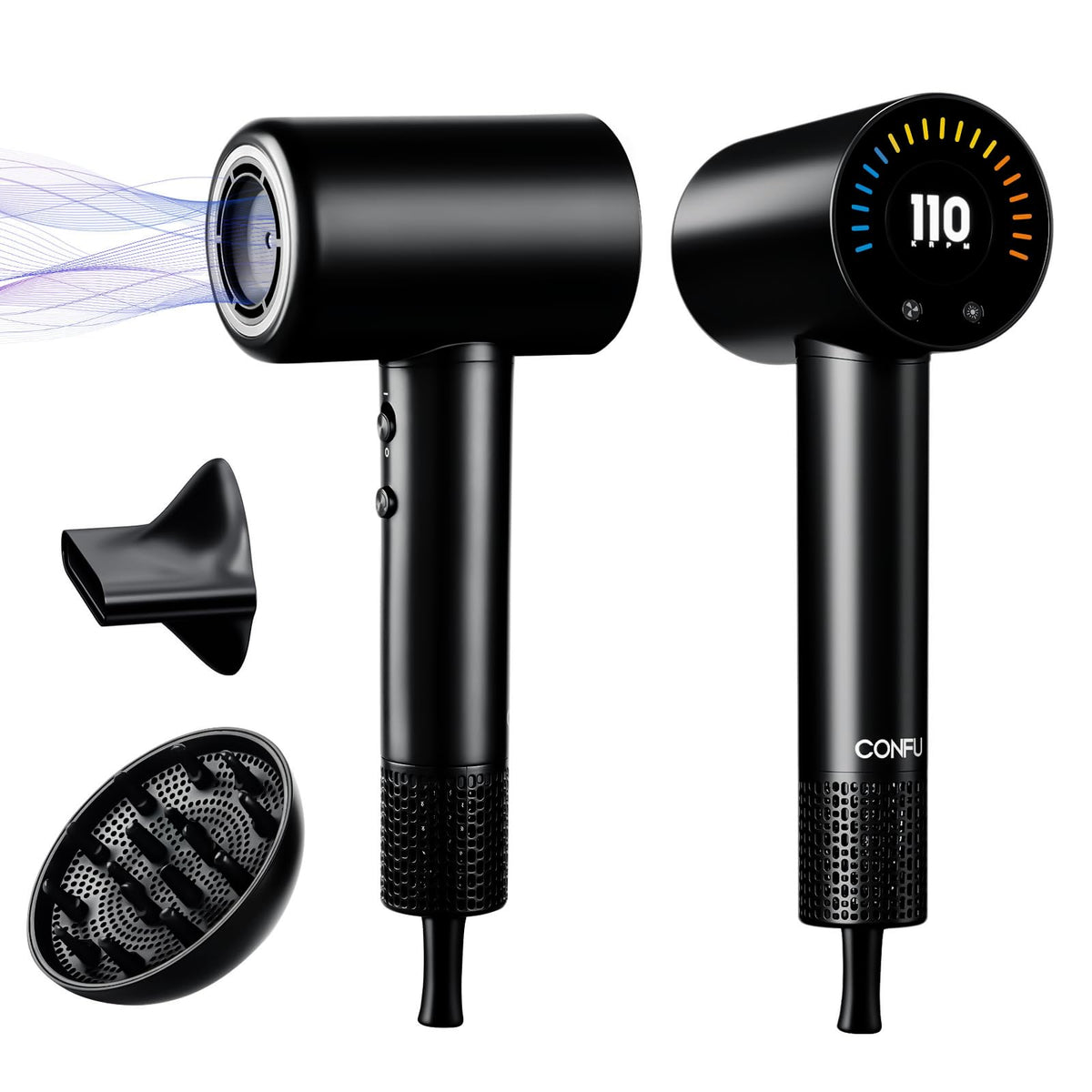 CONFU secador de pelo con difusor magnético para un peinado suave y sin frizz.