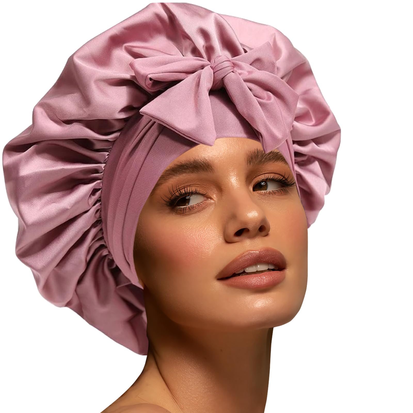 Confvrter bonete satén para dormir en rosa crema, suave y cómodo para cabello rizado.