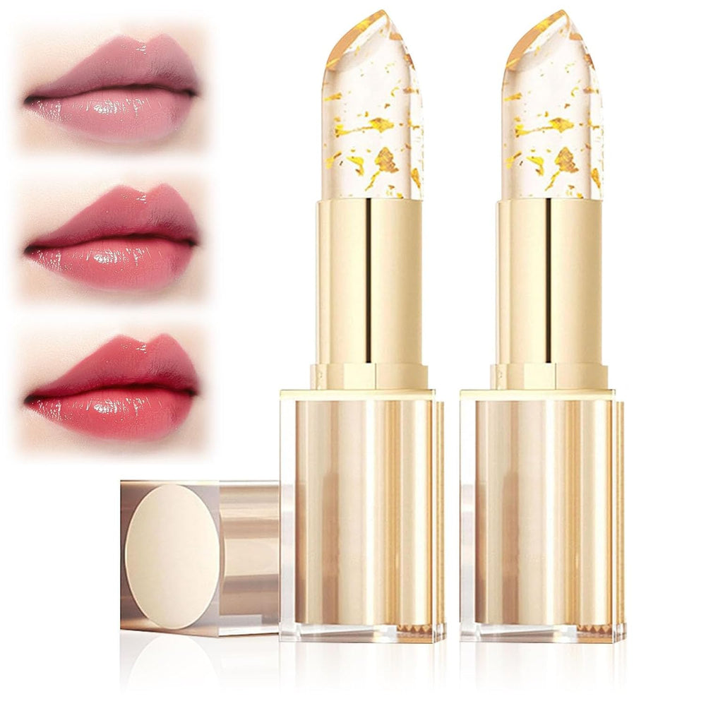 Conjunto de labiales cambio-color con cristales dorados, acabado brillante y duradero.