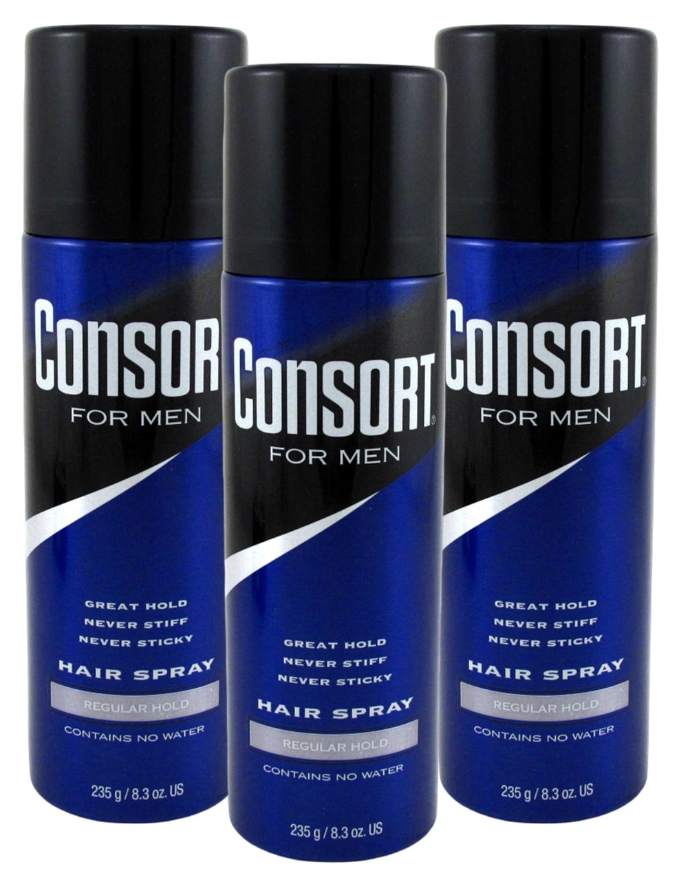 Consort aerosol para cabello, empaque de tres piezas, opción práctica para peinado diario.