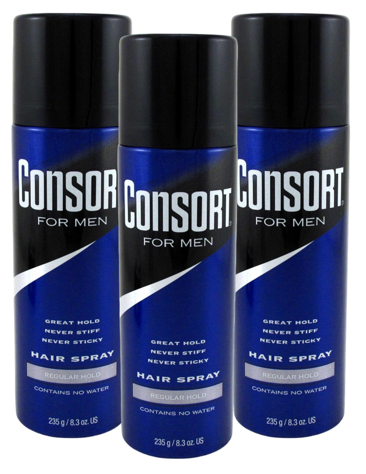 Consort aerosol para cabello, empaque de tres piezas, opción práctica para peinado diario.