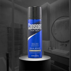 Consort aerosol para cabello, imagen que destaca fijación regular para estilos duraderos.