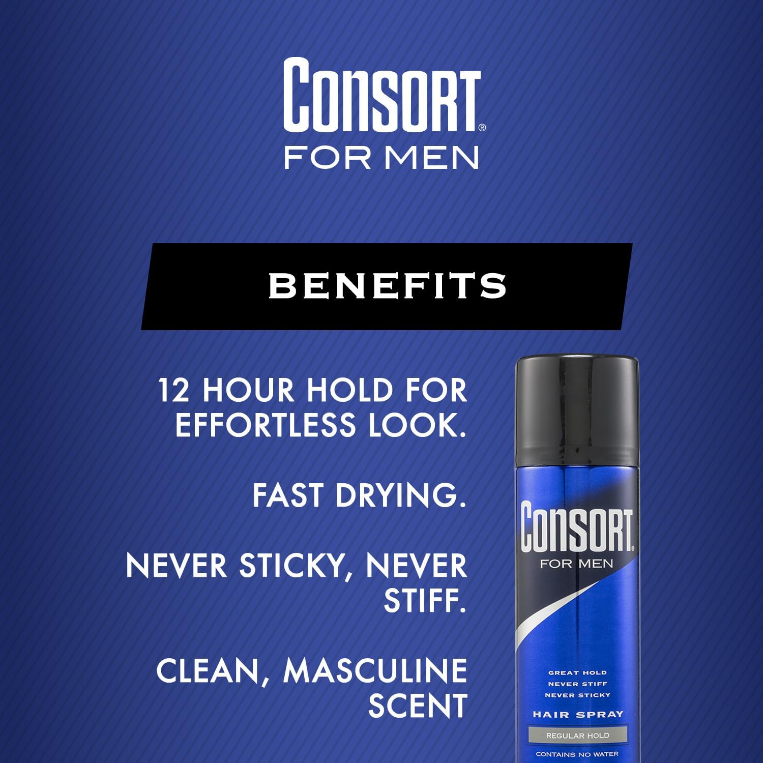 Consort aerosol para cabello, aspecto ligero sin rigidez ni pegajosidad.