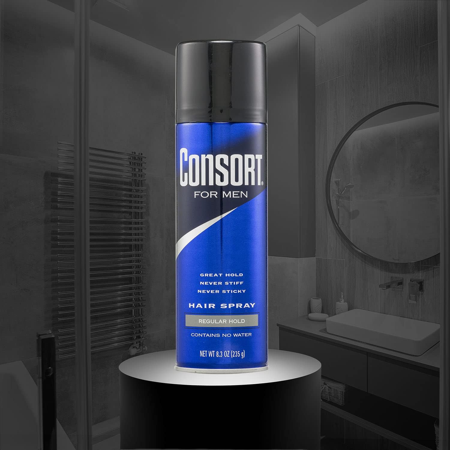 Consort spray-cheveux sans eau, fini léger et propre.