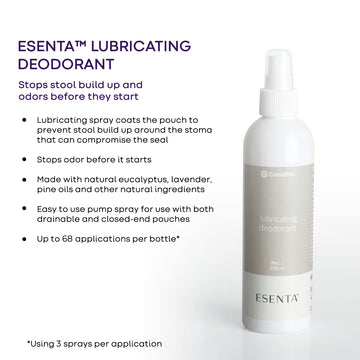 ConvaTec ESENTA aplicación en spray para controlar olor durante cambios.