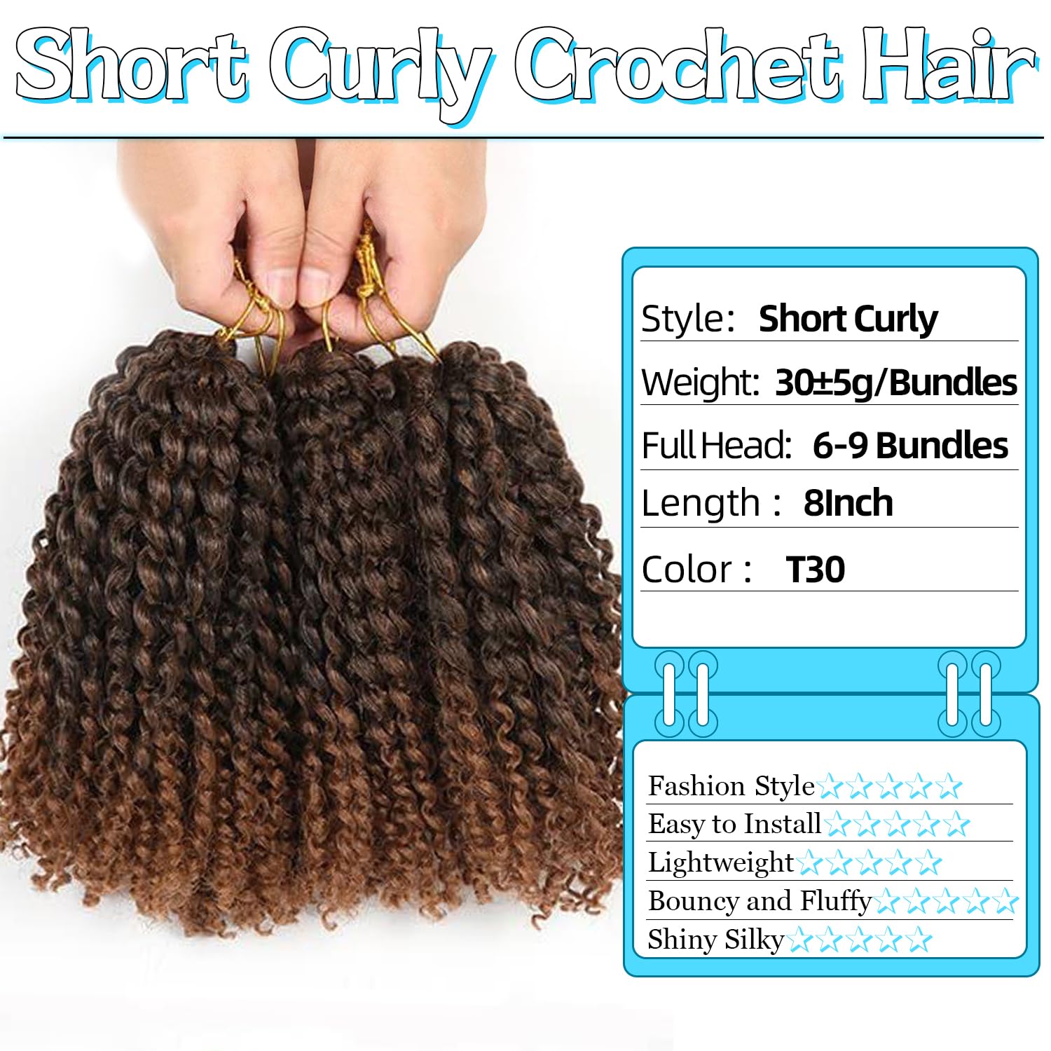 CooCooJoo Marlybob 8 pulgadas cabello tejido crochet: textura natural para look suave.