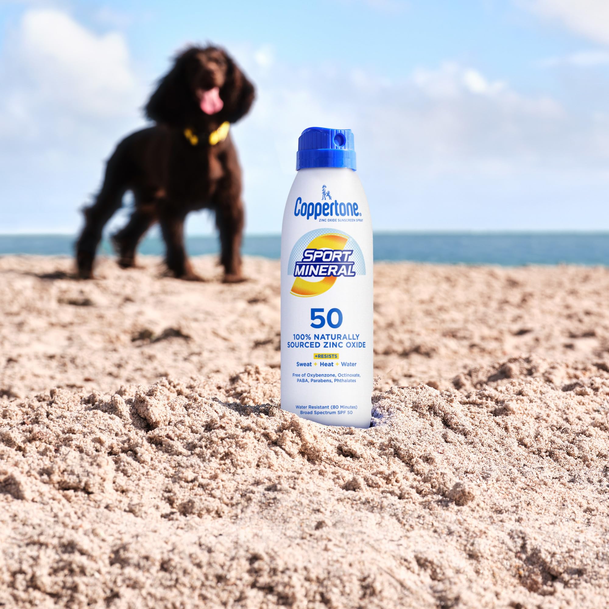 Etiqueta de Coppertone Sport Mineral SPF 50 sin oxybenzone ni fragancias.