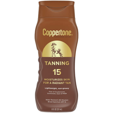 Coppertone loción bronceadora SPF 15 en botella de 8oz para uso diario al sol.